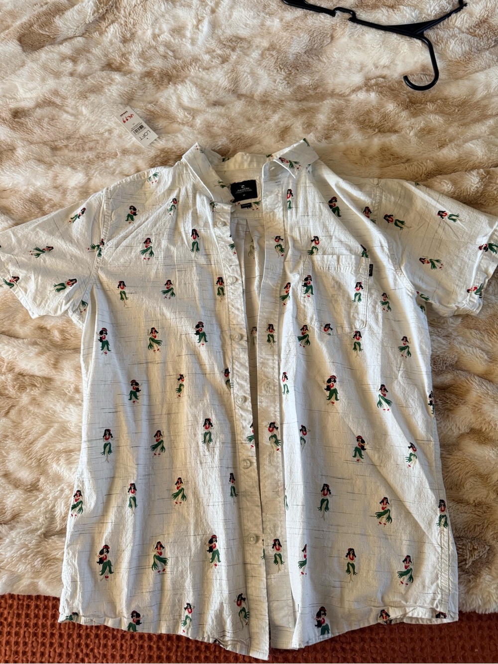 Rip Curl White Short-Sleeve Button-Down Shirt with Green & Red Novelty Print